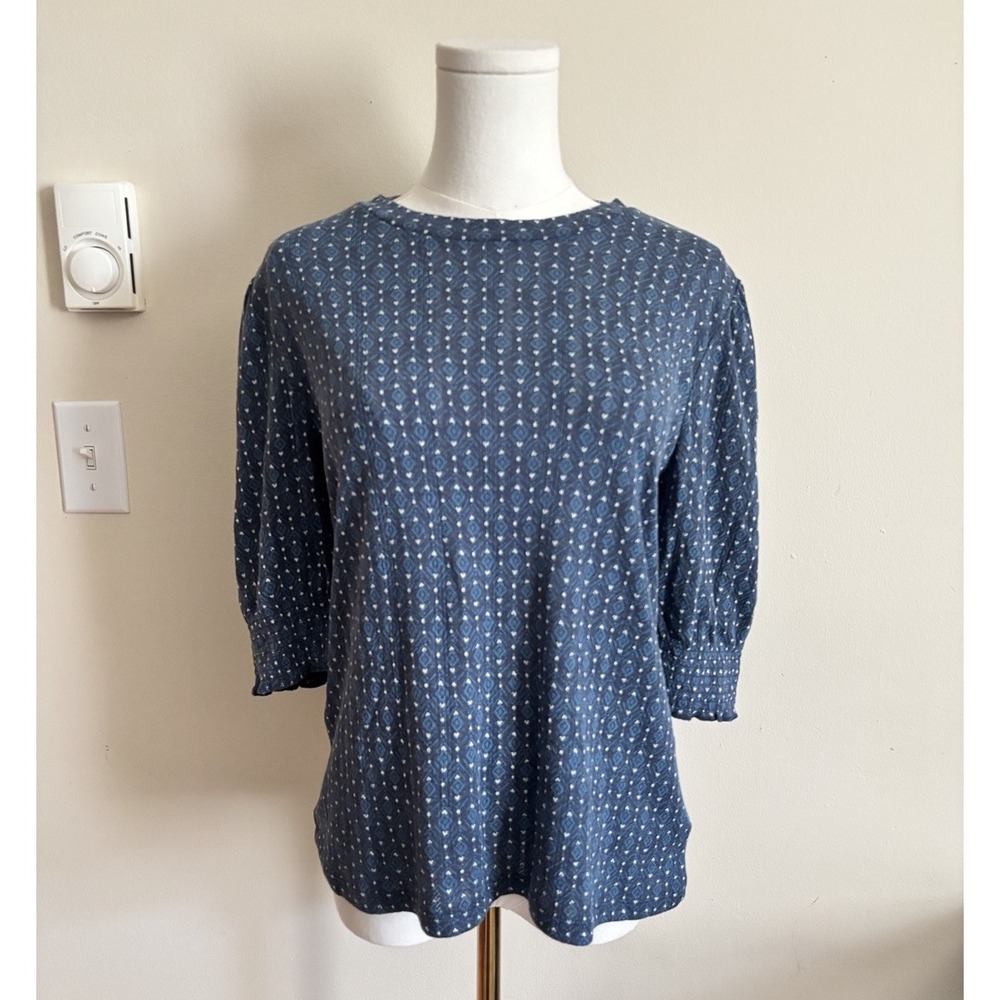 NWT Lucky Brand Heart Print Puff Sleeve Top Boho Summer Cute Blue Medium Cotton